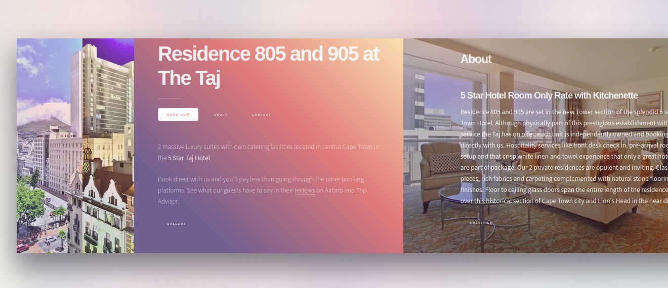 Screenshot of hotel website design of Residence 805 and 905 at the Taj, Cape Town