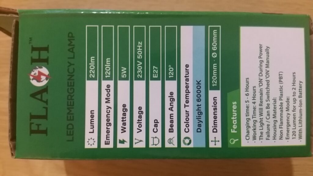 Specification panel on packaging of Flash branded emergency LED light bulb